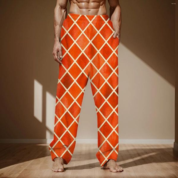 Calças masculinas pijama casual com cordão e bolsos confortável cintura alta impresso padrão estilo traje para homem 2024 primavera