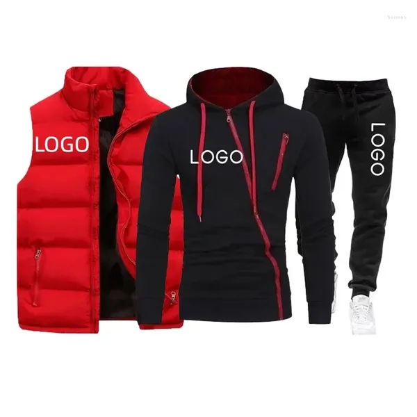 Tute da uomo Logo personalizzato Autunno Inverno Maschile 3 pezzi Set Felpa con cappuccio Pantaloni sportivi Gilet Uomo Causale Tuta Abiti Spessa Tuta da jogging calda 2024