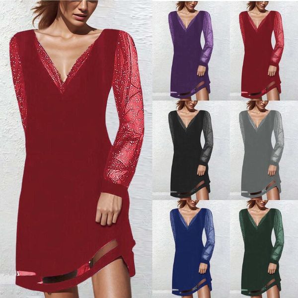 Robes décontractées Femmes Robe de mode Solide Dentelle Splice Manches longues pour la plage Cocktail Pantsuit Femme Été