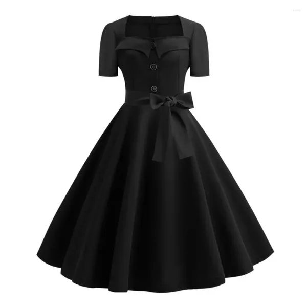 Lässige Kleider Sexy Stil Kleid 1950er Jahre Rockabilly Retro A-Linie Midi mit quadratischem Hals Großer Saum Knopf Dekor Punkt für Damen