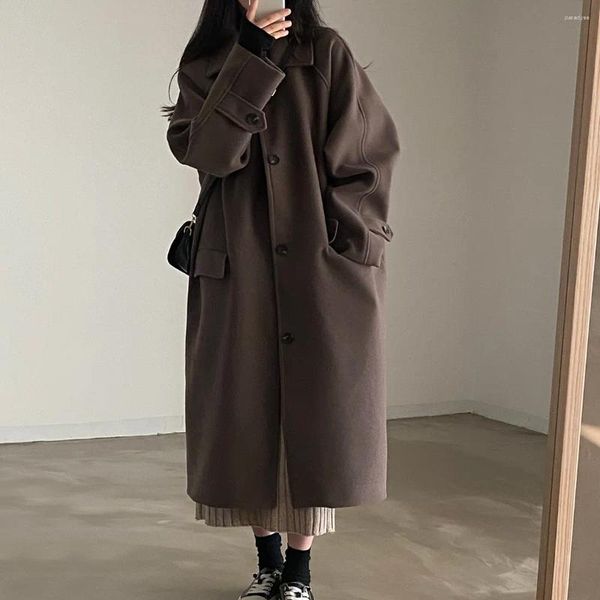 Giacche da donna Corea del Sud Chic Autunno e inverno francese stile pigro bavero monopetto sciolto casual lungo cappotto di lana donna