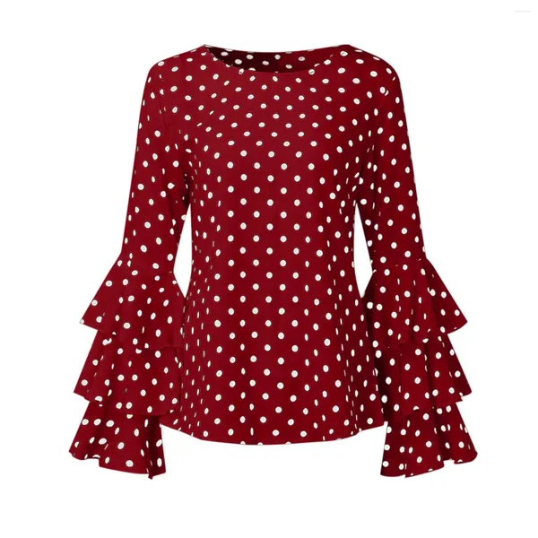 Женские блузки 2023, модная шифоновая рубашка в горошек, блузка с круглым вырезом, рюшами и рукавами-колокольчиками, свободные женские повседневные топы, туники