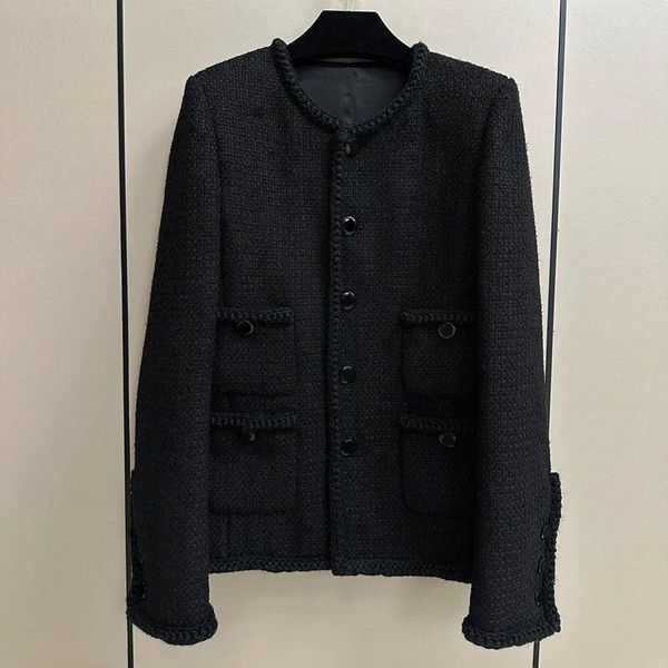 Vestes Femmes Haute Qualité Laine Mélange Noir Veste Femmes Élégant O-cou À Manches Longues Classiques 4 Poches Outwear 2023 Automne Tweed Manteau Tops