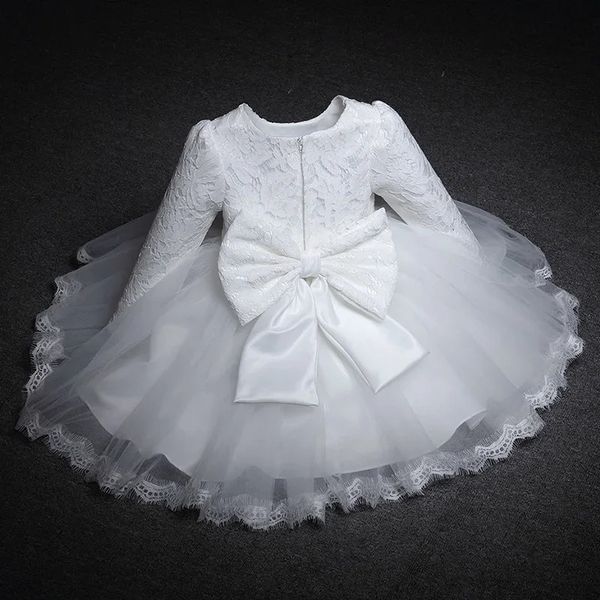 Платья с длинными рукавами для маленьких девочек на рождественскую вечеринку, свадьбу, кружево с большим бантом, белое платье принцессы для первого дня рождения для маленьких девочек, 231228