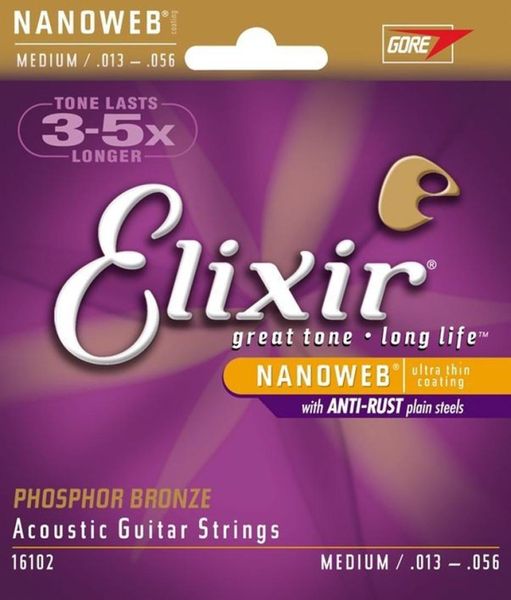 Conjunto inteiro de 12 cordas de violão Elixir 16102, 013056 polegadas, bronze fósforo com revestimento ultrafino NANOWEB MEDIUM1467098