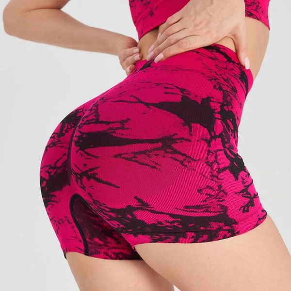 Shorts ativos sem costura jacquard tecer push up scrunch yoga feminino cintura alta elástico ginásio treino esportes fitness imitação tie dye collants