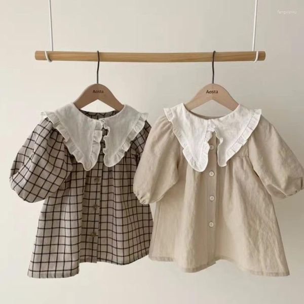 Mädchen Kleider Herbst Frühling Baby Mädchen Beige Plaid Baumwolle Langarm Kleid Für Kleine 1 bis 7 Jahre Koreanische Kinder prinzessin Kleidung