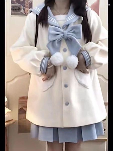 Giacche da donna Colletto blu scuro Lolita giapponese Kawaii Donna Arco Stile college Cappotto dolce Donna Manica lunga Coreano Caldo inverno 2024