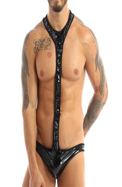 Ternos de uma peça masculino látex sexy bodysuit para homens falso couro corpo meia aberta buwrestling singlet gay jockstraps trajes club5037271