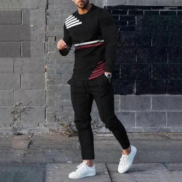 Erkek Trailsits Sweatshirt Seti Vintage Renk Eşleşen 3D Baskı Yuvarlak Boyun Uzun Kollu Pantolon 2 Parçalı Günlük Giyim Sporları