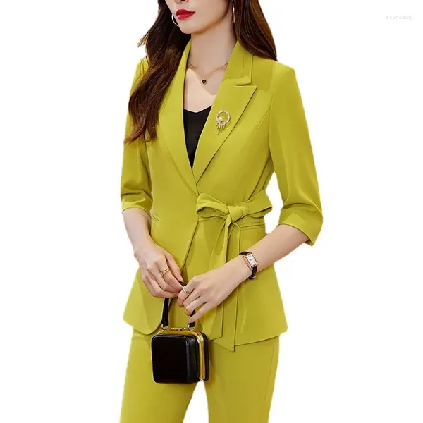 Calças femininas de duas peças 2023 verão mulheres pant terno para escritório senhora peças conjunto tamanho S-4XL trabalho formal carreira blazer casaco com