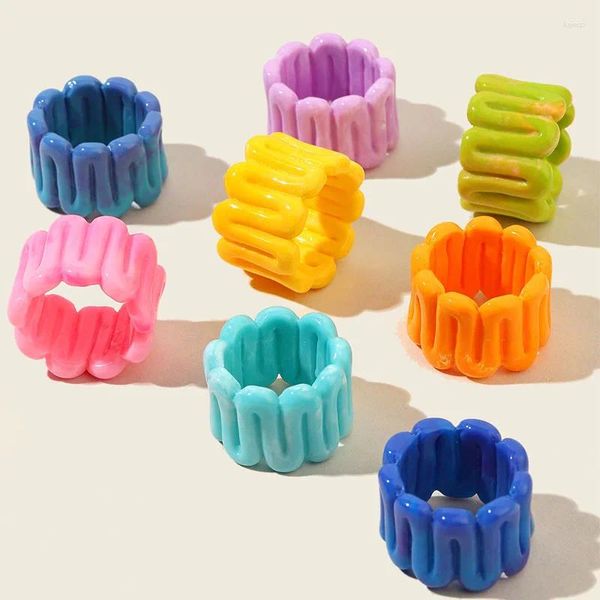 Rings de cluster Candy coreano Candy colorida resina acrílica onda geométrica dedo redondo para mulheres meninas Boho Beach Jewelry Acessórios