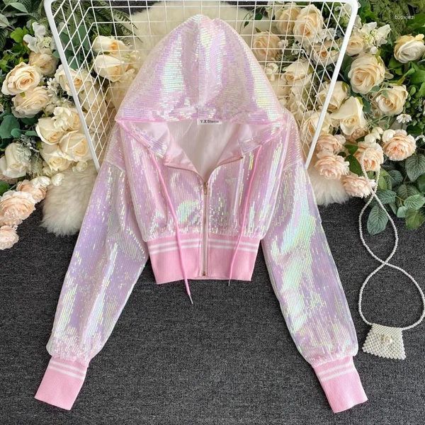 Jaquetas femininas 2023 primavera mulheres moda lantejoulas slim curto cardigan jaqueta verão com capuz manga longa feminino cortado outwear prata rosa