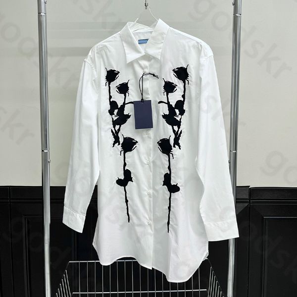 Camisa casual bordada feminina lapela longa botão para baixo camisa moda luxo manga longa jaqueta