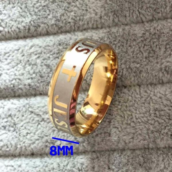 Alta qualidade tamanho grande 8mm 316 aço titânio prata ouro cor jesus cruz carta bíblia anel de banda de casamento masculino women314o