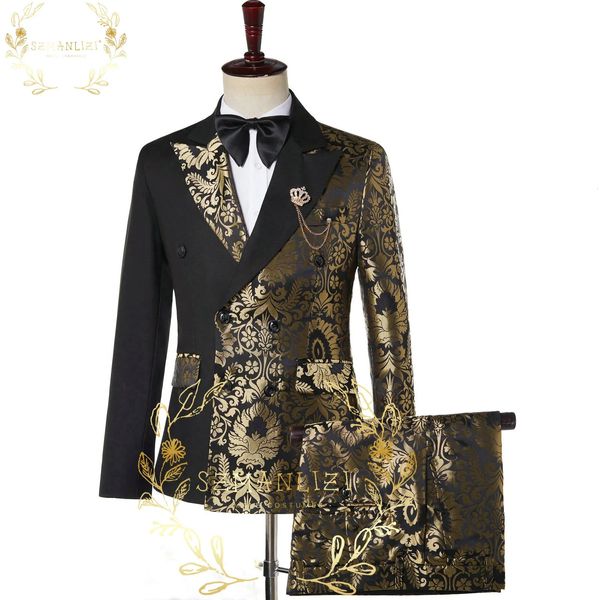 Szmanlizi duplo breasted preto ouro floral jacquard fino ajuste ternos dos homens casamento noivo smoking festa jaqueta pant terno masculino 231229