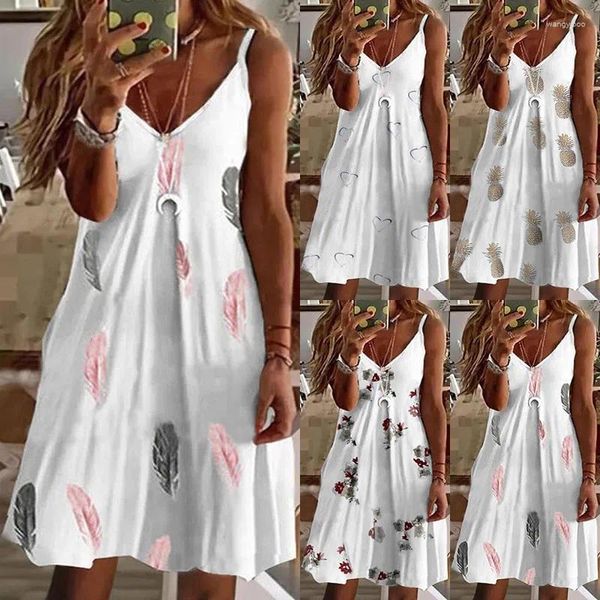 Abiti casual Donna Slip Dress Estate scollo a V senza maniche Piuma Ananas Hearted Stampa floreale Abiti da festa allentati S-5XL Oversize