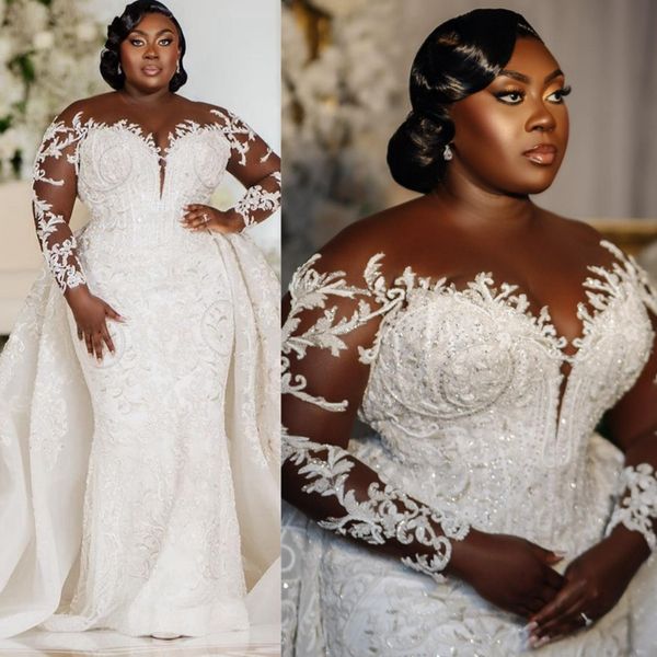 Artı boyut aso ebi gelinlikler şeffaf boyun illüzyonu uzun kollu tül dantel gelin elbisesi Nijerya için çıkarılabilir tren ile siyah kadınlar denizkızı evlilik elbisesi D097