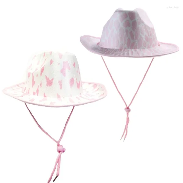 Boinas rosa vaca impressão cowgirl chapéu despedida de solteira chapéus cowboy para traje nupcial carnaval mostrar