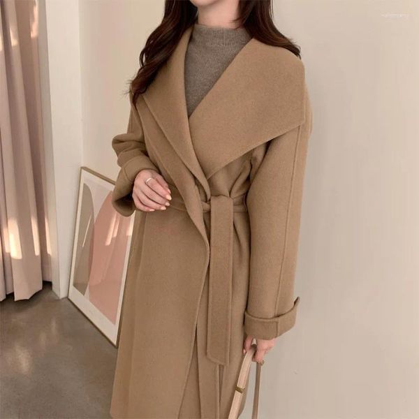 Giacche da donna Corea del Sud Design di nicchia chic Senso nel cappotto di lana con cinturino lungo in vita femminile