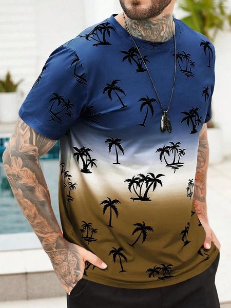 Herren-T-Shirts, Farbverlauf-Shirt für Männer, Kleidung, hawaiianisches Kokosnussbaum-Muster, Sommer, Harajuku, kurzärmelig, O-Ausschnitt, lässig, atmungsaktiv, Oberteile