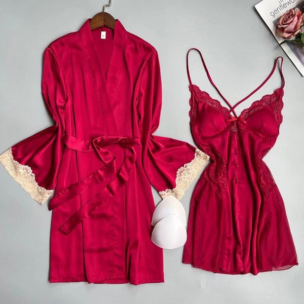 Женская одежда для сна бордовый свадебный халат сексуальное лоскутное кружево женское кимоно халат ночная рубашка летнее шелковое атласное домашнее платье одежда для отдыха