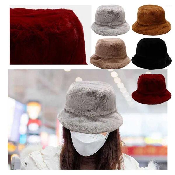 Berets Winter Frauen Faux Pelz Eimer Hut Warme Pelzigen Fleece Dicke Einfarbig Fuzzy Plüsch Fischer Vielseitige Bowler Cap