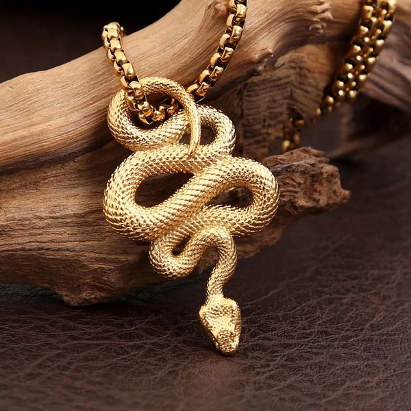 Colar de pingente de cobra gótica para homens 14k amarelo ouro animal pingentes corrente punk motociclista moda jóias presente criativo