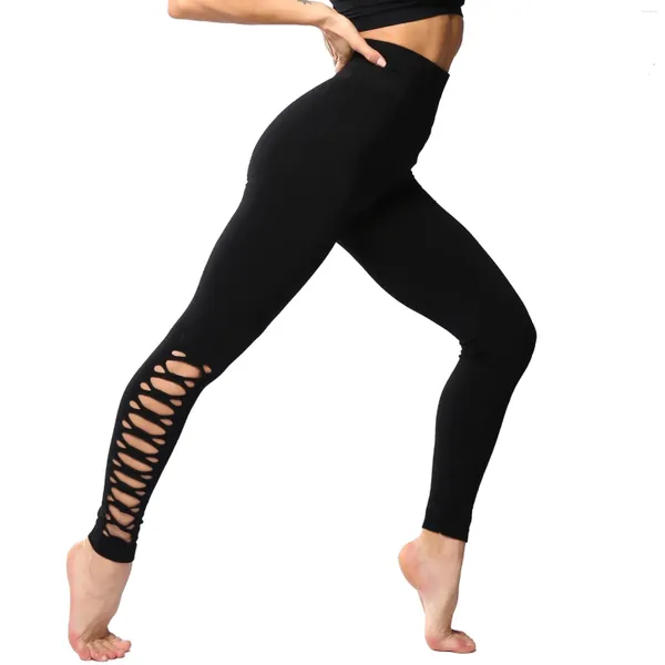 Leggings da donna neri senza cuciture punk strappati per pantaloni da yoga da allenamento con foro a vita alta da donna collant fitness da palestra scrunch