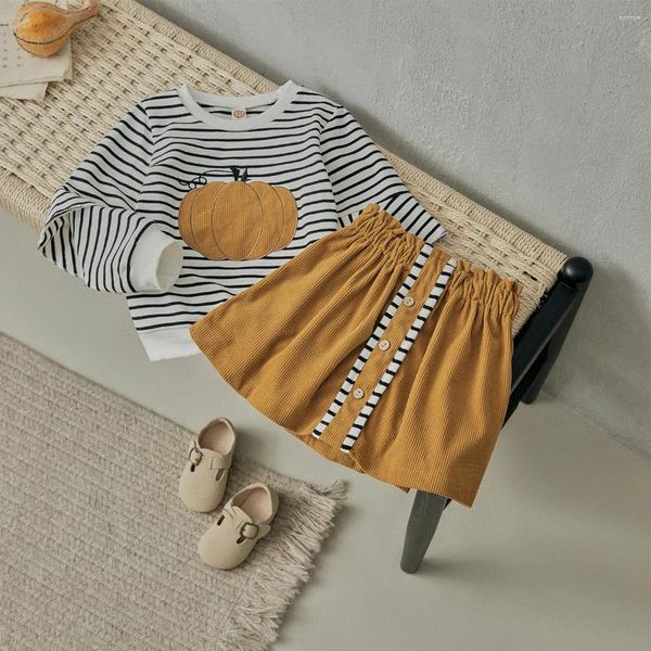 Ensembles de vêtements BeQeuewll Kid Girl Halloween 2pcs Outfit Stripe Pumpkin Imprimer Sweat-shirt à manches longues à volants Tops A-Line Jupe Set Automne