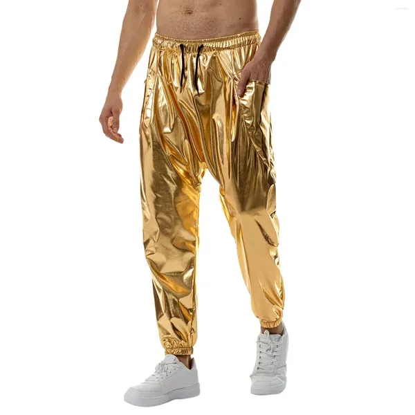 Мужские брюки, блестящие мужские брюки для ночного клуба золотого, серебряного цвета, мешковатые однотонные длинные спортивные штаны с завязками, эластичные брюки со средней талией, уличная одежда в стиле Харадзюку