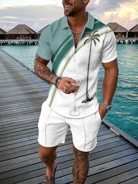 Fatos masculinos verão praia coco 3d impresso sweatsuit conjunto casual zíper colarinho camisa polo e shorts 2 pçs define moda homem roupas
