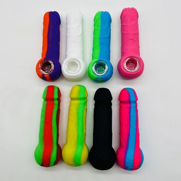 Pipa da fumo in silicone per pene maschile con ciotola di vetro Acqua Dick Becher per pene Bong infrangibile Tabacco secco Erba Dab Impianti petroliferi Tubi per l'acqua