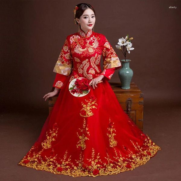 Roupas étnicas de alta qualidade 6xl noiva vermelha cheongsam mulheres tradicionais phoenix bordado qipao vestido de casamento vestidos festivos chineses