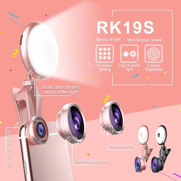 accessori Rk19s Led Selfie Flash Light Fill Light Warmcold Lampadine con grandangolo Fisheye Marcro Lens Rotazione a 360 gradi per Iphone Huawei Vivo