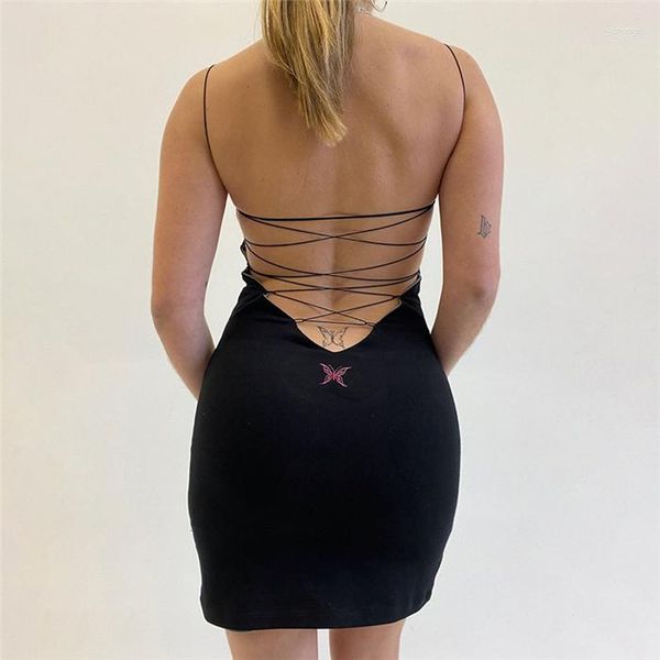 Vestidos casuais europeus e americanos sexy suspensórios macacão saia curta bodycon backless mini vestido estilingue