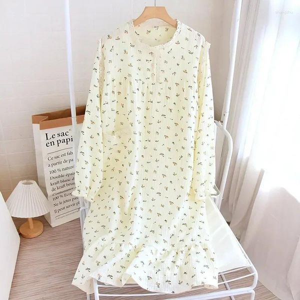 Longa de dormir feminina Long Neck Summer para impressão e palheta fofa vestido de pijama vestido noturno de algodão floral renda primavera redonda doce