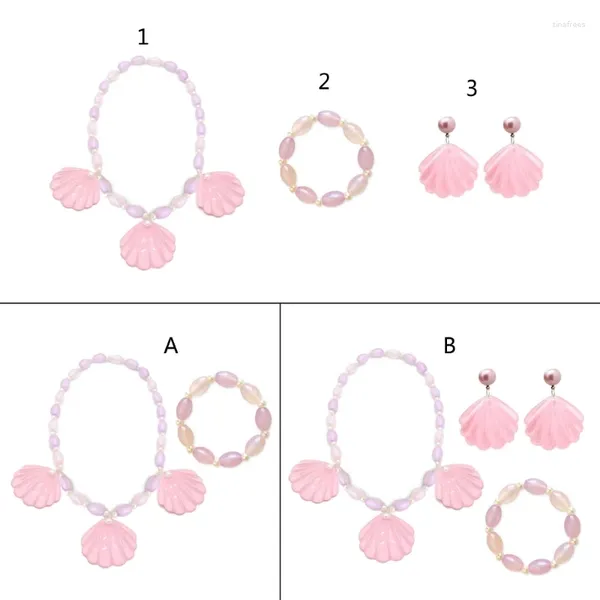 Colar brincos conjunto princesa traje jóias rosa conchas pulseiras para crianças menina criança engraçado