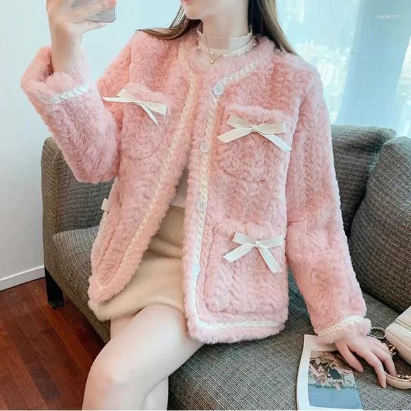 Jaquetas femininas doce rosa bowknot jaqueta de pele falsa mulheres coreano elegante o pescoço cordeiros lã casacos feminino inverno manga longa quente plush outwear