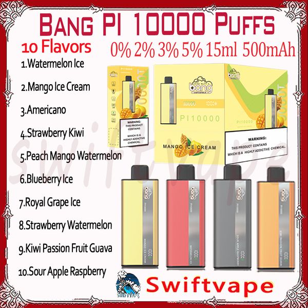 Качественная одноразовая электронная сигарета Bang PI 10000 Puff, 10 вкусов, 15 мл, перезаряжаемая батарея, 500 мАч, 10 тыс. затяжек, 0% 2% 3% 5% комплект Vape Pen Быстрая доставка Оптовый продавец