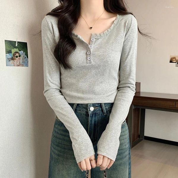 T-shirt da donna T-shirt patchwork in pizzo per donna T-shirt a maniche lunghe Femme O-Collo Crop Top Mujer Autunno stile coreano abiti donna
