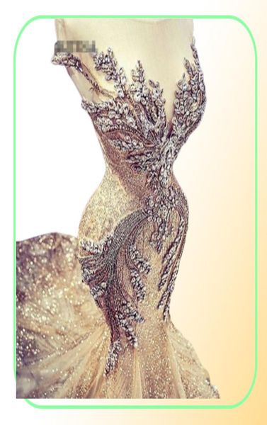 2K19 Gold Ballkleider Meerjungfrau Afrikanische Abendkleider Sheer Jewel Perlen Rückenfrei Bescheidene formelle Party Kleid für besondere Anlässe9203868