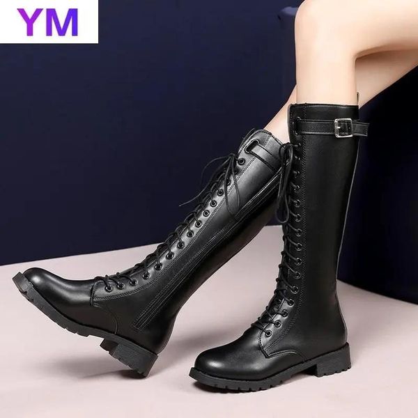 Stivali donne con piattaforma spessa stivali ginocchio stivali autunno stivale nero laceup medio rampicanti scarpe punk stivali da cavallo con cerniera tondo