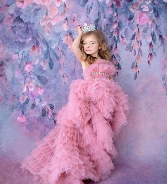 Vestidos de menina inchados rosa tule flor pura pescoço alto baixo estilo princesa vestido de aniversário primeira comunhão sagrada 2-16y