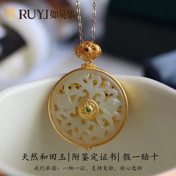 Design original natural hetian jade 14k colar de ouro amarelo para mulheres corrente de clavícula retrô estilo chinês pingente de bolsa de perfume