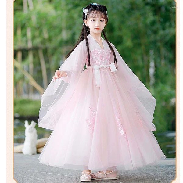 Abiti da ragazza Abito Hanfu bianco rosa per la festa in costume tradizionale cinese antica della principessa delle fate Spettacolo di danza popolare per bambini