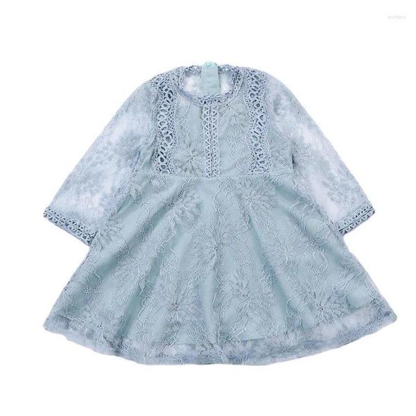 Kız Elbiseler 2023 Son Bahar Kids Dantel Elbise Kore Tarzı Çiçek Prenses Frocks Mavi renkte diz boyu giysiler kollu