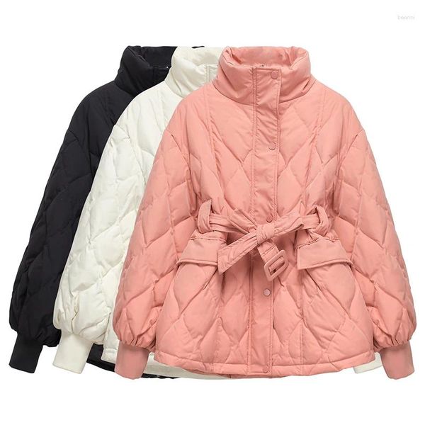 Mulheres para baixo inverno bandagem jaqueta xadrez feminino fino gola streetwear casaco de pato branco moda feminina parkas outwear