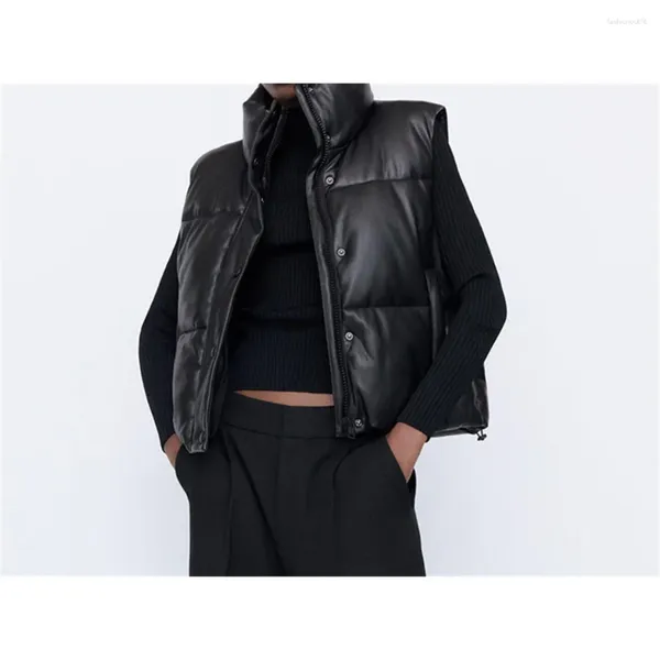 Jaquetas femininas moda grossa parkas jaqueta streetwear mulheres inchado colete inverno preto pu feminino casacos de couro falso para baixo colete solto senhora