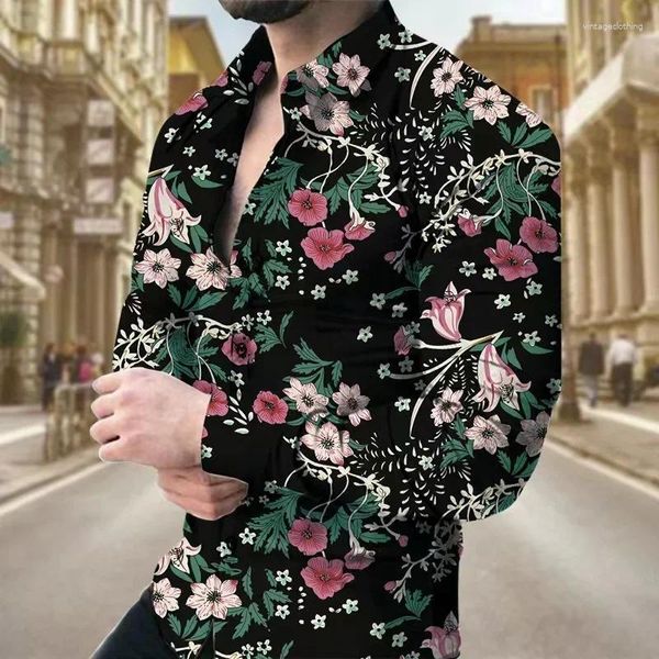 Camicie casual da uomo 2023 Abbigliamento T-shirt con motivo floreale Camicia con risvolto superiore Tendenza moda Retro Uomo Taglie forti